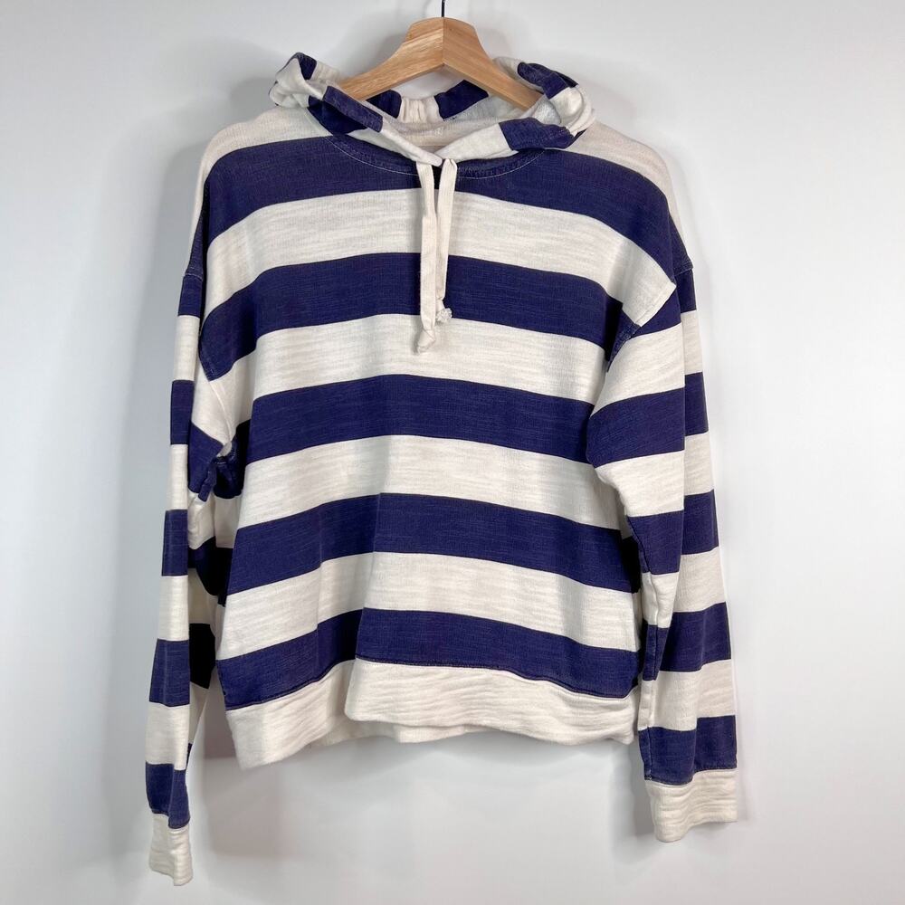 J. Crew Vintage Cropped Hoodie Medium Stripe Vintage Terry Navy Blue White AJ621